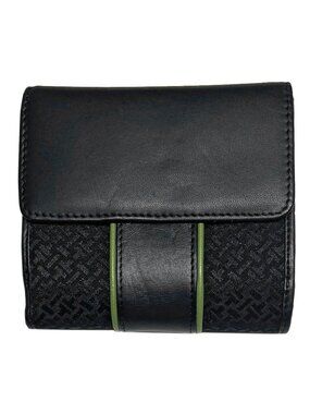 Talbots Black Logo Print Bifold Wallet with Black and Green Leather Trim